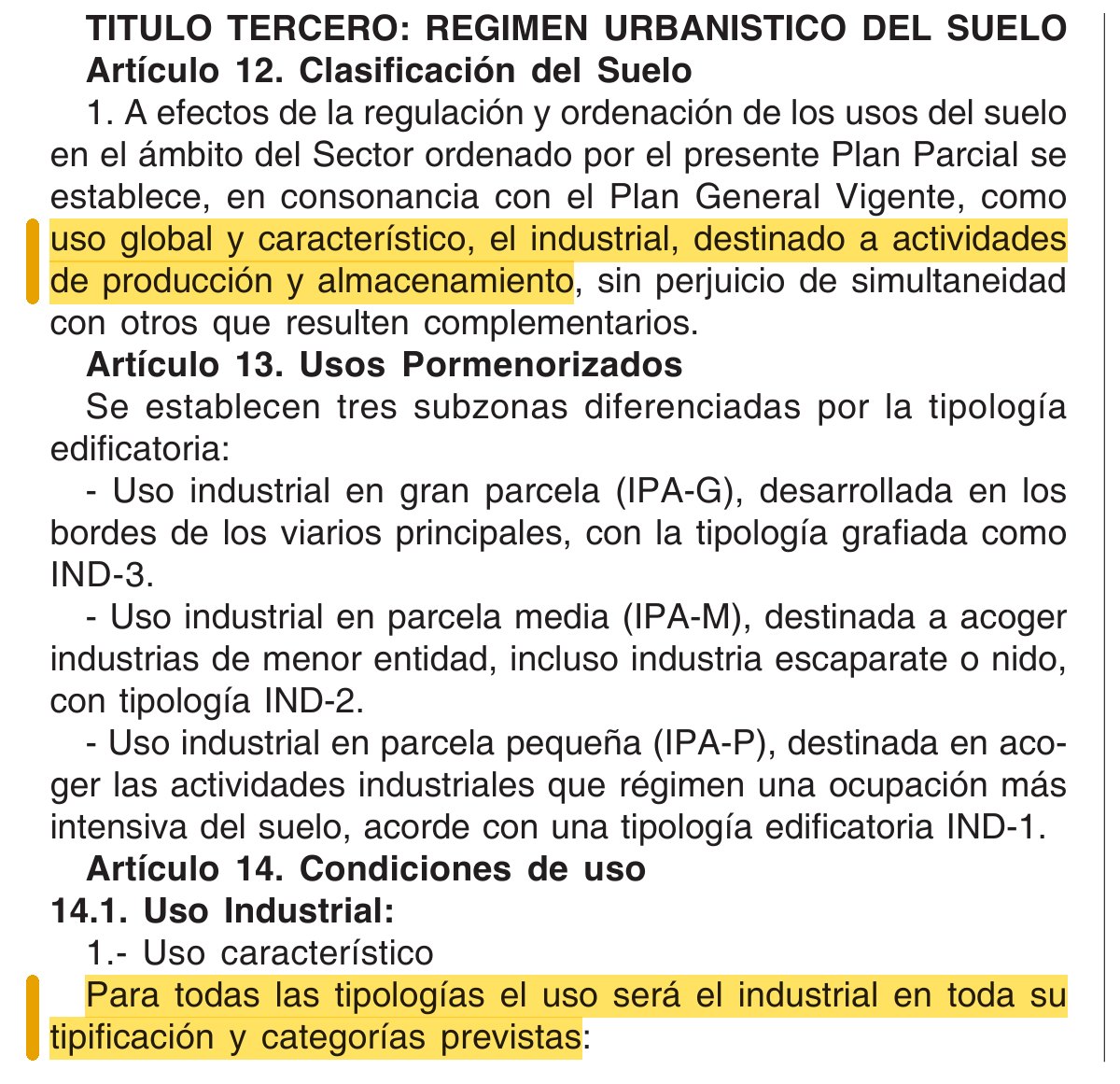 Page of the sector plan in the official provincial bulletin, with two sentences highlighted: the industrial use of the land and the industrial use for every typology
